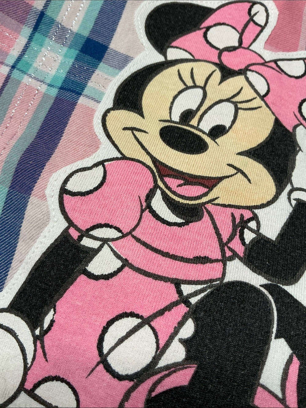 DISNEY Minnie Mouse Pink Plaid Upcycled Flannel Graphic Shirt Disneyland - Picture 3 of 9